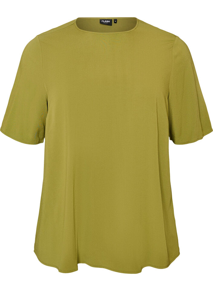 Geweven blouse met korte mouwen en ronde hals, Groen, Packshot image number 0