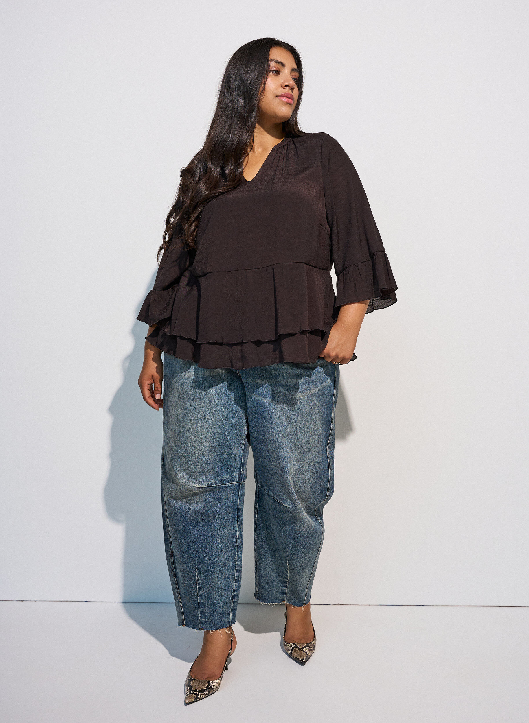 ZizziBlouse met 3/4-mouwen en ruchesdetails, Bruin, Model image number 1