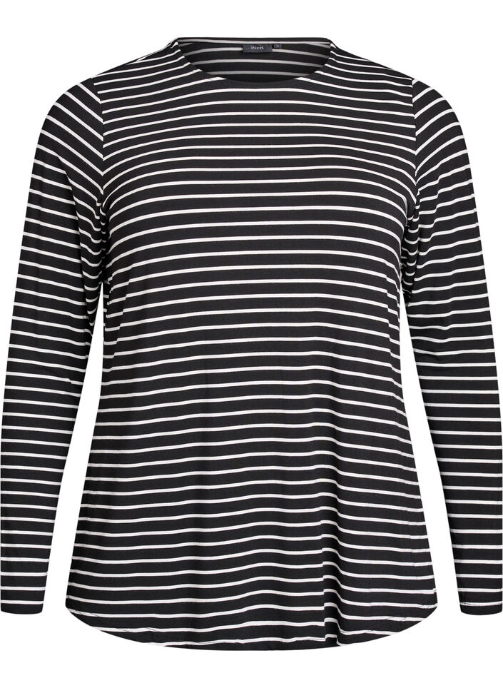Gestreepte blouse met lange mouwen, Zwart, Packshot image number 0