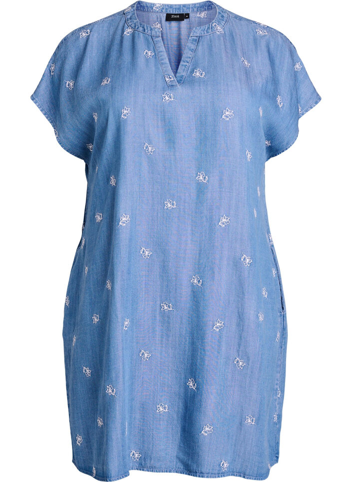 Lyocell jurk met een denimlook en geborduurde bloemen, Blauw, Packshot image number 0