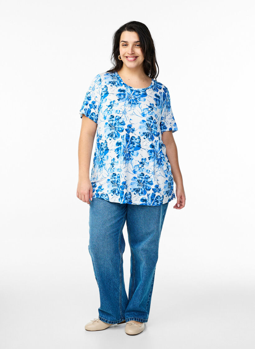 T-shirt met bloemenprint, Blauw, Model image number 1