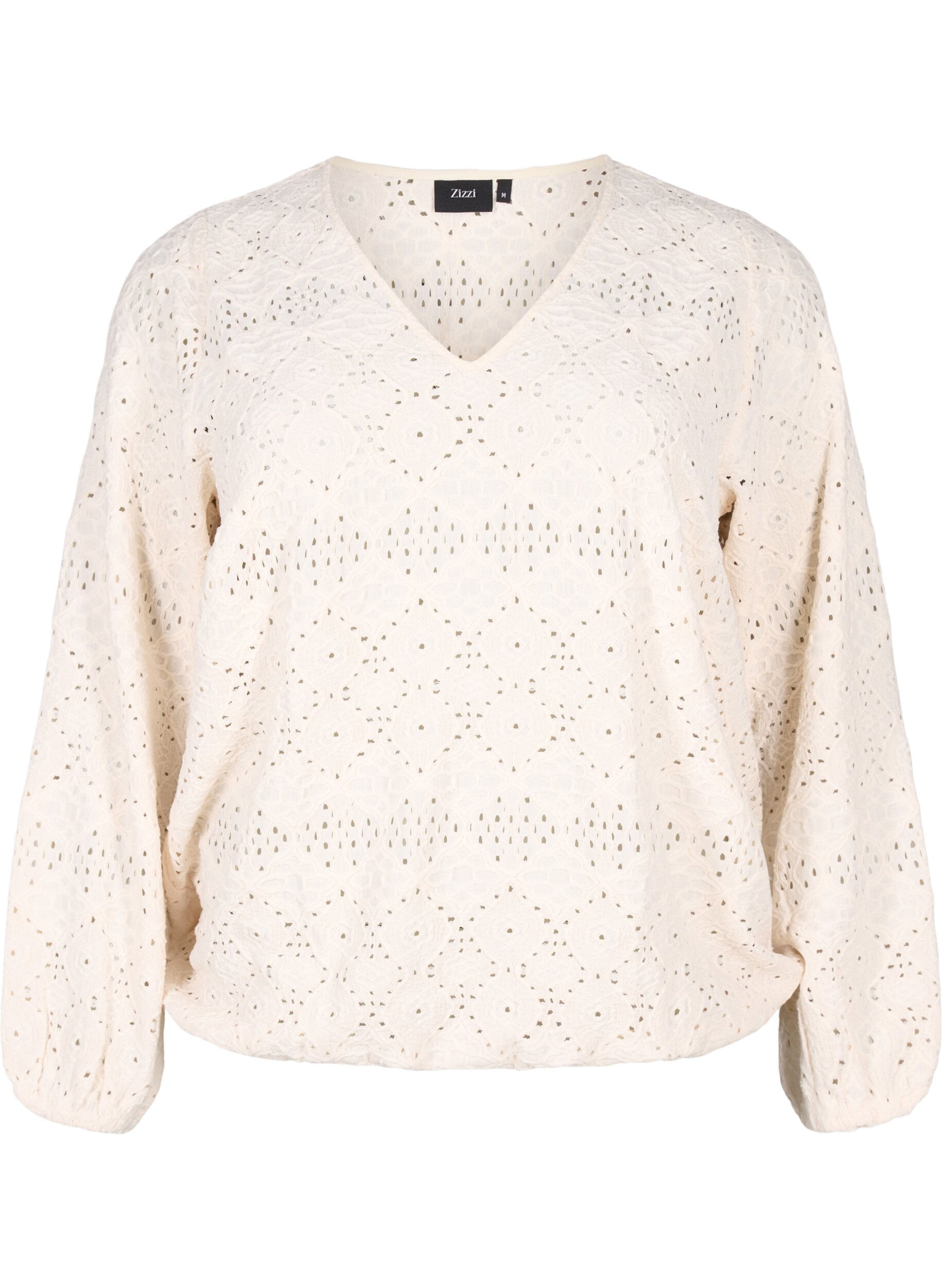 Zizzi Blouse met lange mouwen, V-hals en gaatjespatroon, Antique White, Packshot image number 0