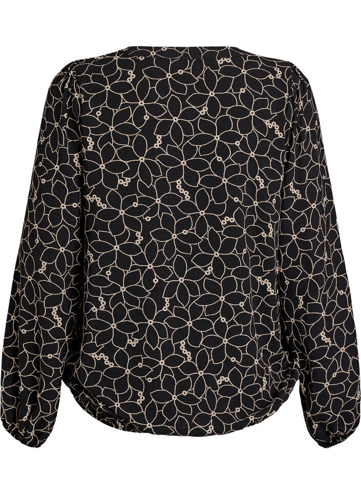 Blouse met lange mouwen met bloemenborduursel, Zwart, Packshot image number 1