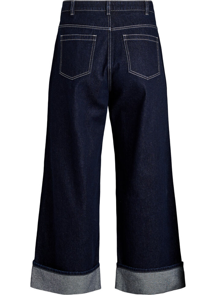 Wide fit jeans met brede omslag en contraststiksels, Blauw, Packshot image number 1