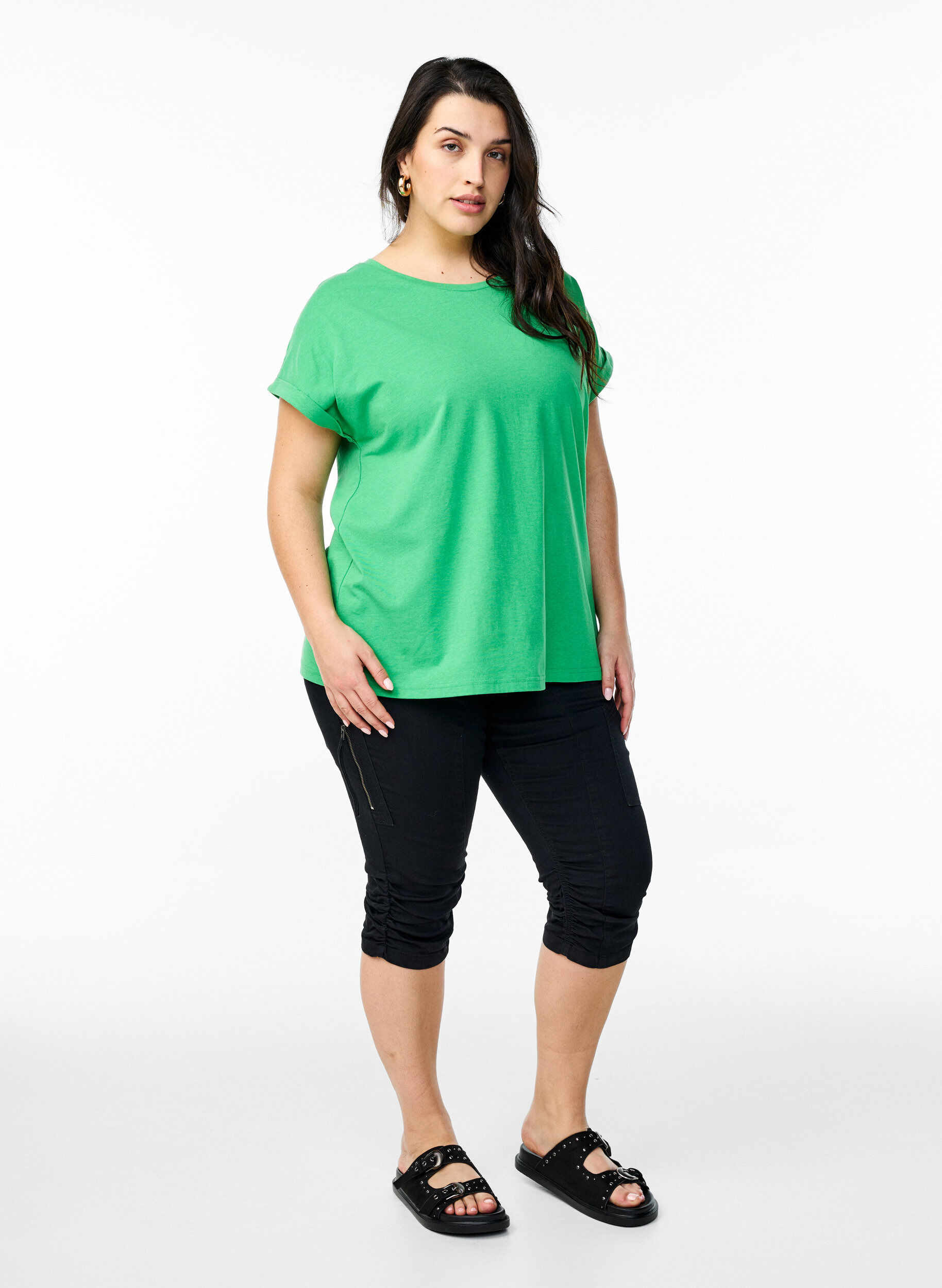 Zizzi T-shirt met korte mouwen van katoenmix, Groen, Model image number 1