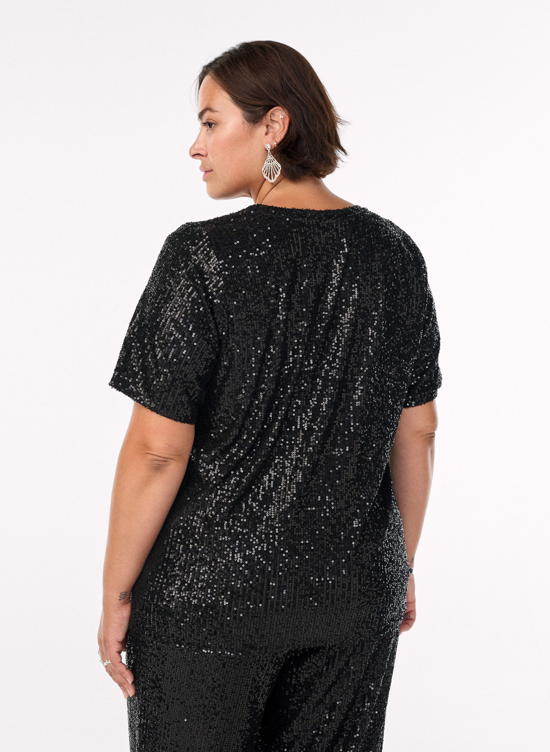 Zizzi Sequin blouse met V-hals en korte mouwen, Zwart, Model image number 2