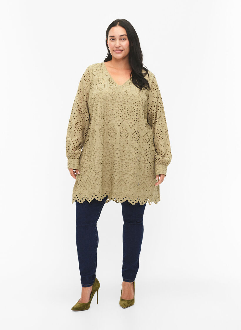 Katoenen tuniek met broderie anglaise, Coriander, Model image number 2