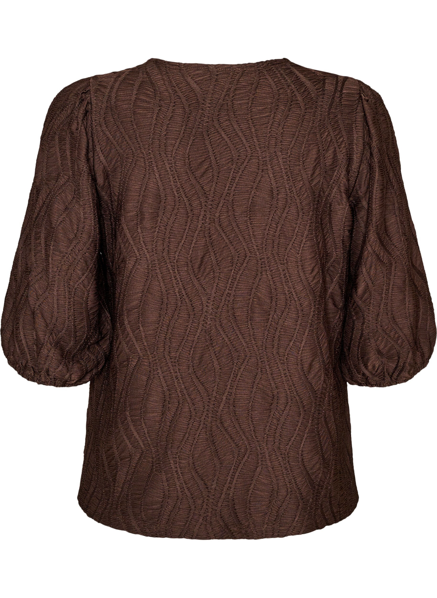 ZizziBlouse met textuur en 3/4 mouwen, Bruin, Packshot image number 1
