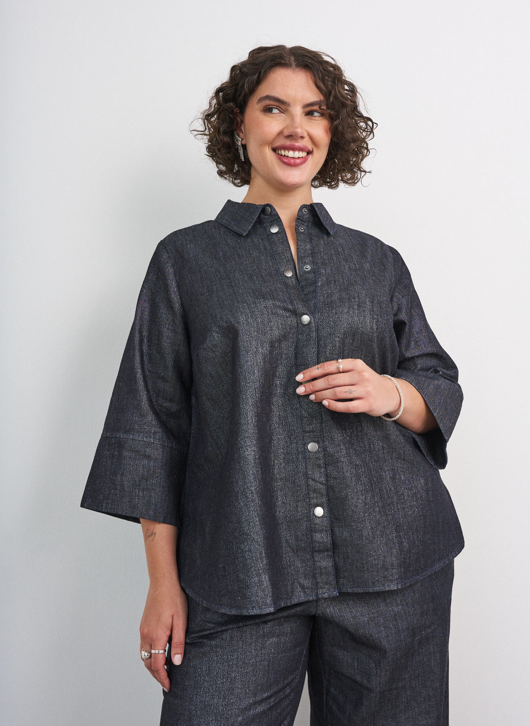 ZizziDenimshirt met glitterdraad en 3/4-mouwen, Grijs, Model image number 0