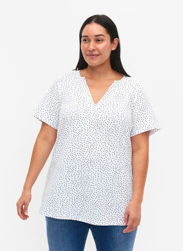 Katoenen t-shirt met stippen en V-hals, B.White/Black Dot, Model image number 0