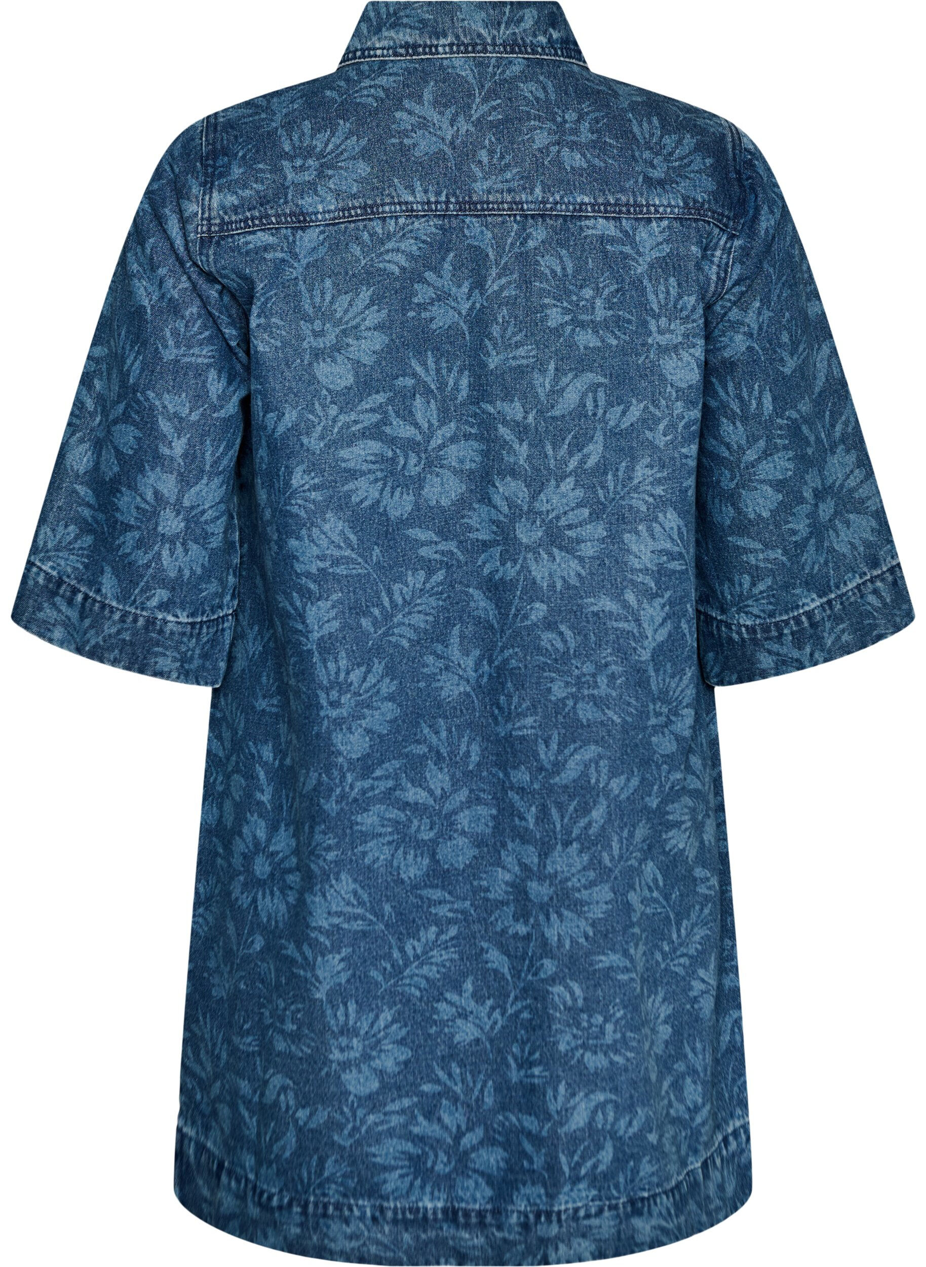 Zizzi Denimjurk met bloemenprint en borstzakken, Blauw, Packshot image number 1