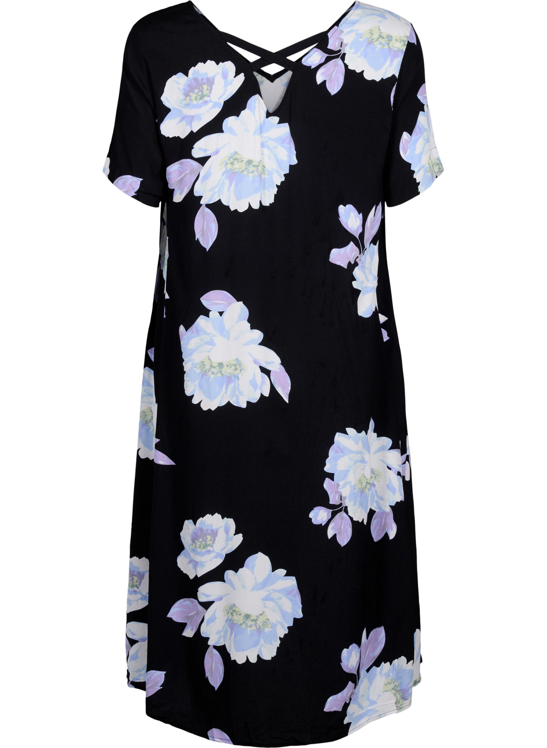Zizzi Jurk in viscose met bloemenprint en korte mouwen, Black Big Flower AOP, Packshot image number 1
