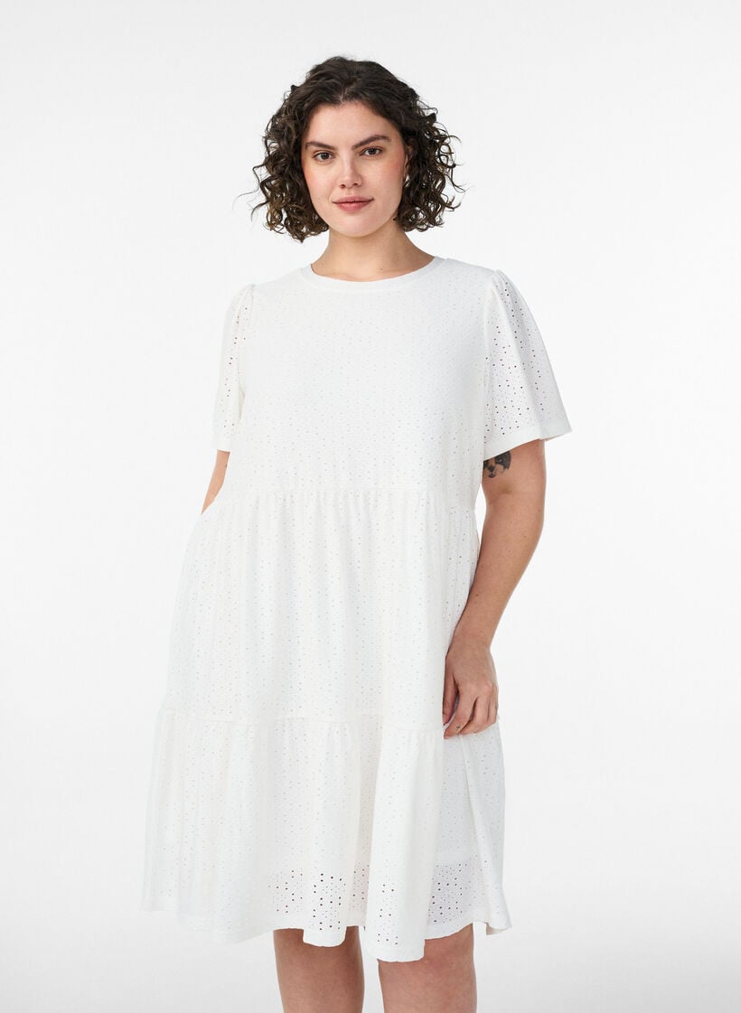 Korte jurk met kantpatroon en gelaagde rok, Wit, Model image number 0