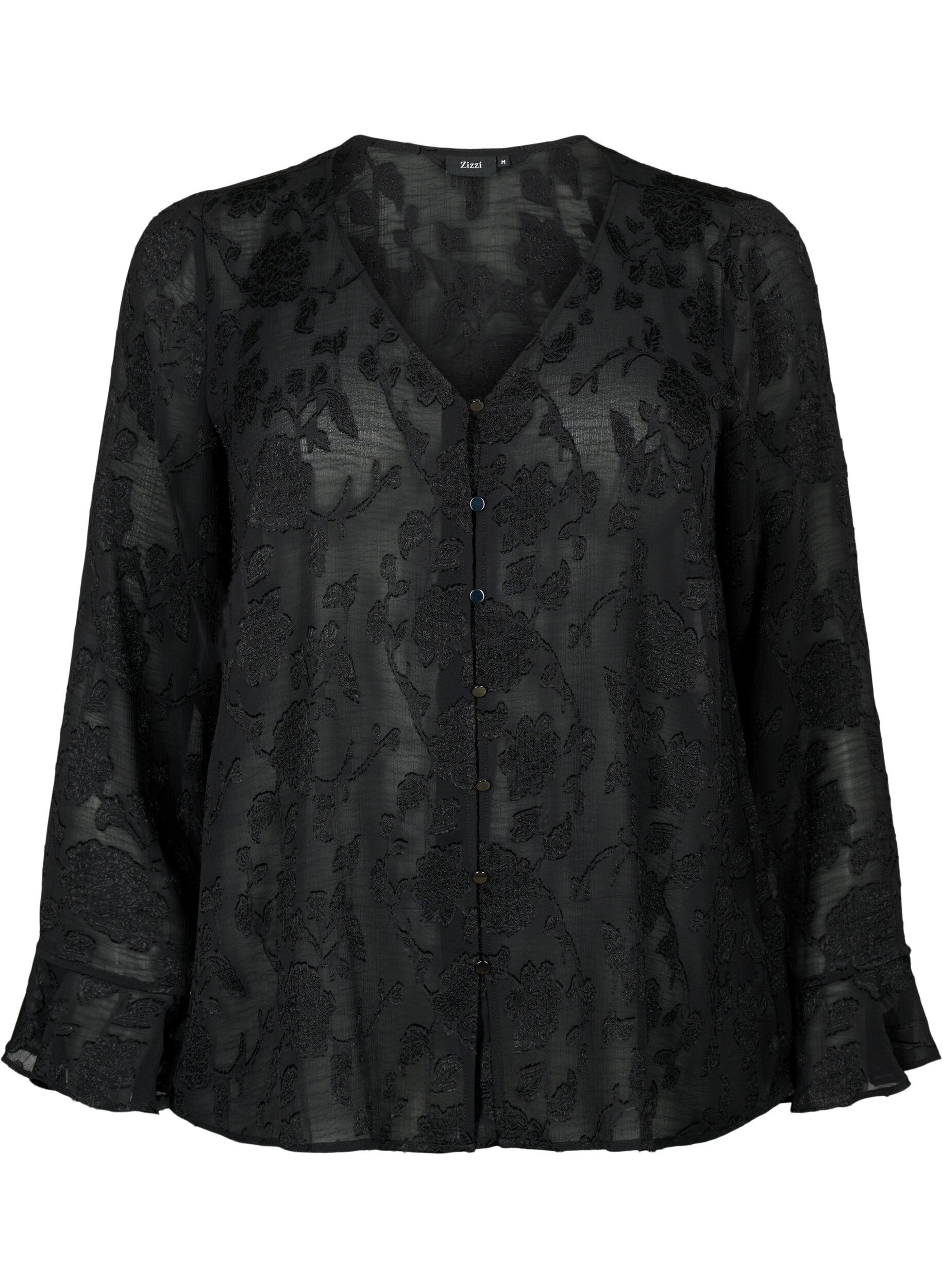Zizzi Lange mouw shirt met jacquard look, Black, Packshot image number 0
