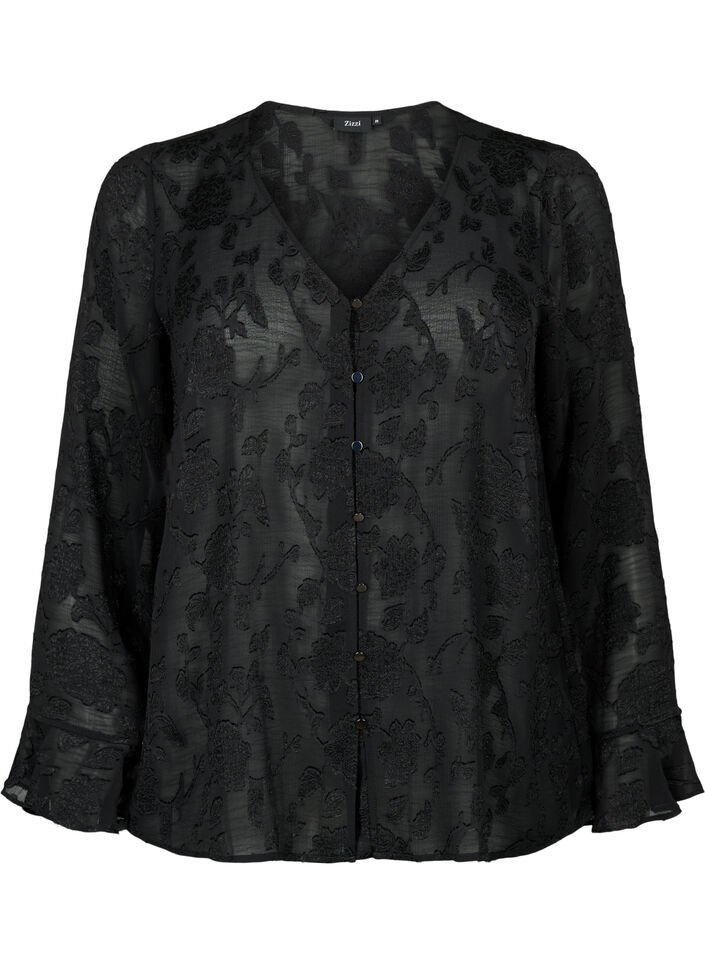 Lange mouw shirt met jacquard look, Black, Packshot image number 0