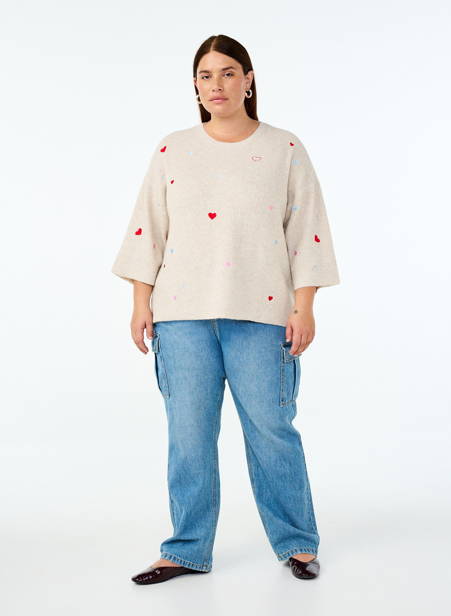 ZizziGebreide blouse met hartjes en 3/4 mouwen, Beige, Model image number 1