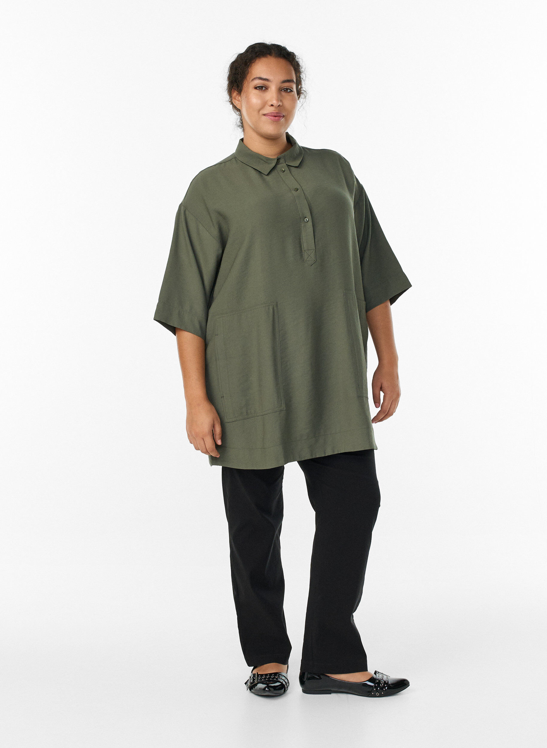 Zizzi Tunic in viscose met zakken en kraag, Groen, Model image number 1