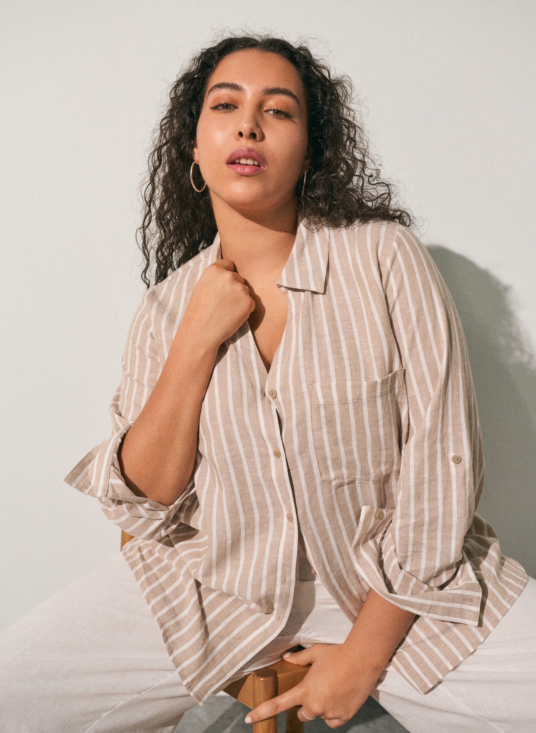 Zizzi Linnen en viscose shirt met 3/4 mouwen, Beige, Image image number 0