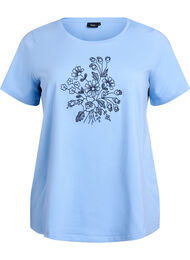 T-shirt in biologisch katoen met bloemenborduursel, Della R. Blue w. EMB