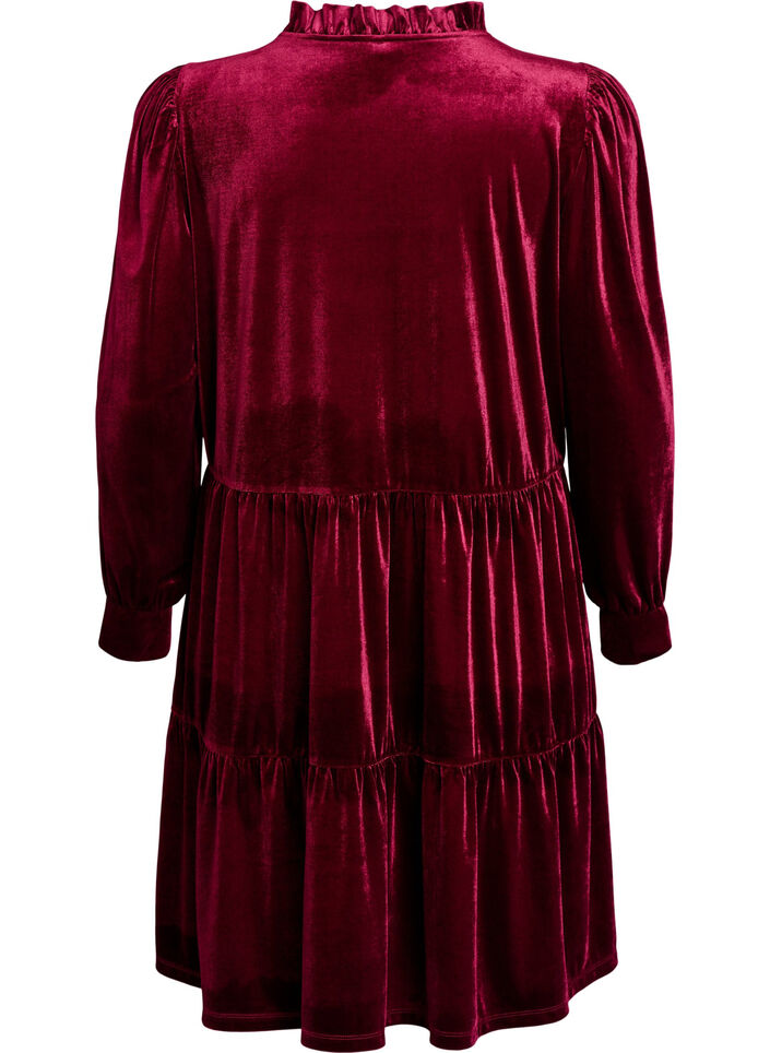 Veloursjurk met lange mouwen en een ruchekraag, Rood, Packshot image number 1