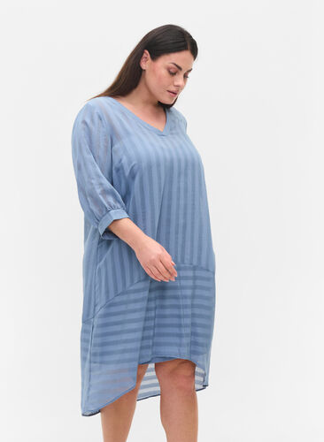 Viscose jurk met 3/4 mouwen en v-hals, Coronet Blue, Model image number 0
