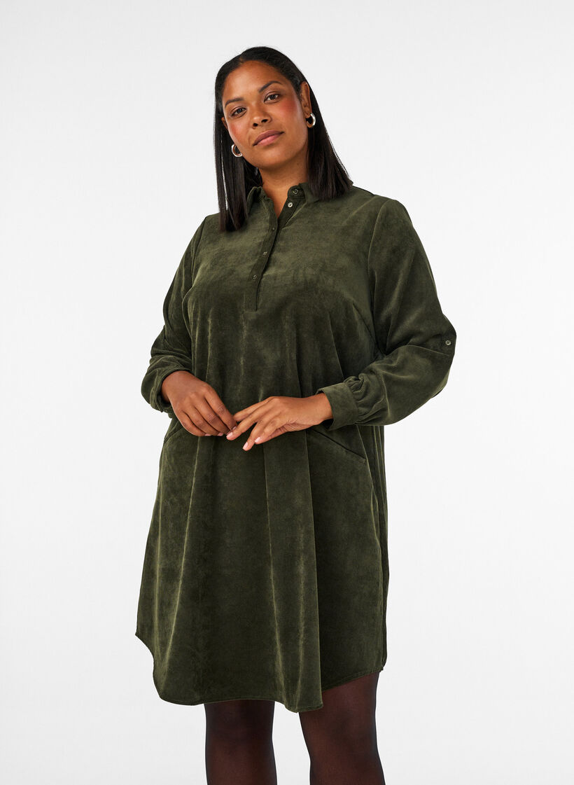 Corduroy overhemdjurk met kraag en knoopsluiting, Groen, Model image number 0