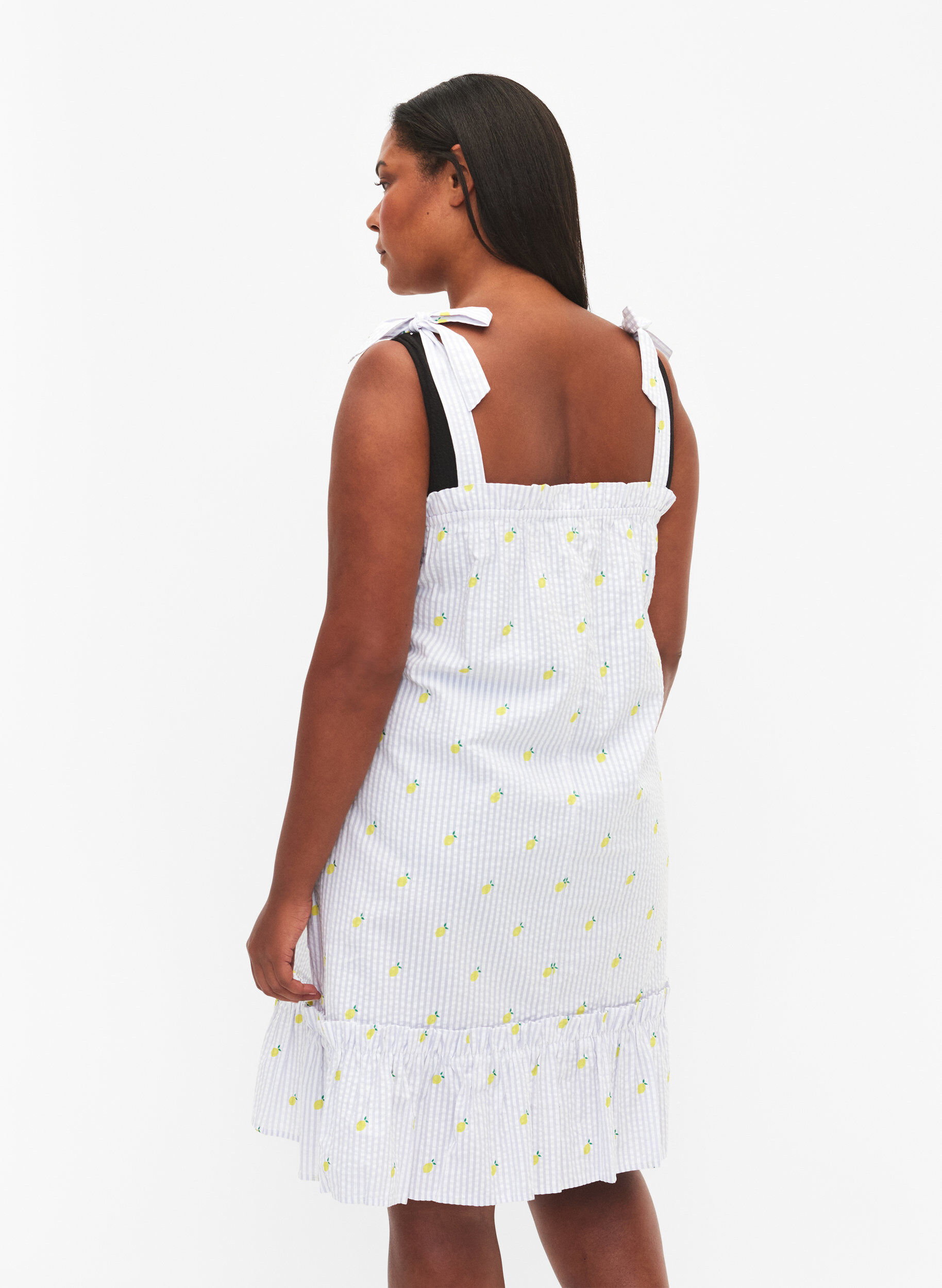 Zizzi Strandjurk van katoen met strikbandjes, Lemon Print, Model image number 1