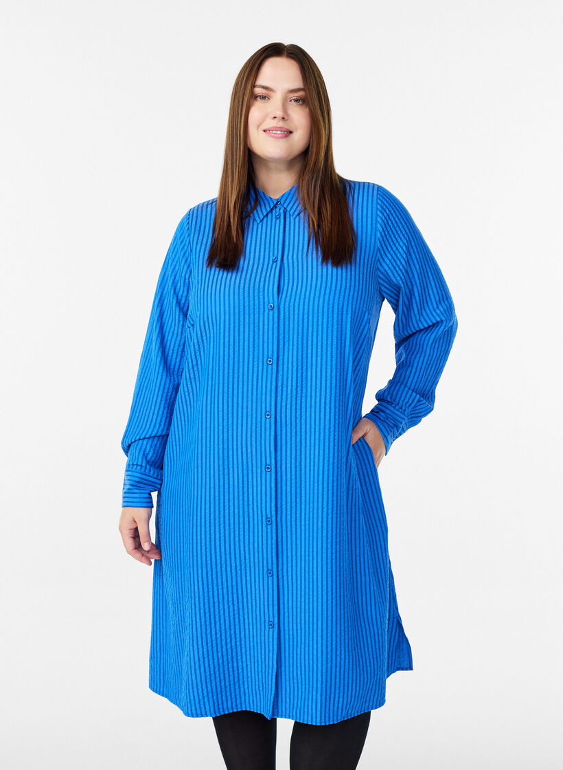 Lange gestreepte blouse met knoopdetail op de rug, Blauw, Model image number 0