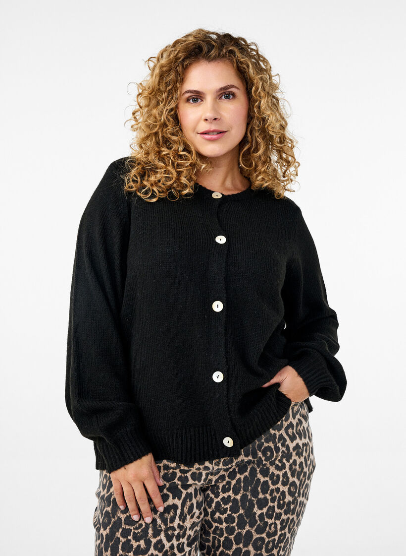 Gebreide cardigan met wol en knoopsluiting, Black Solid, Model image number 0