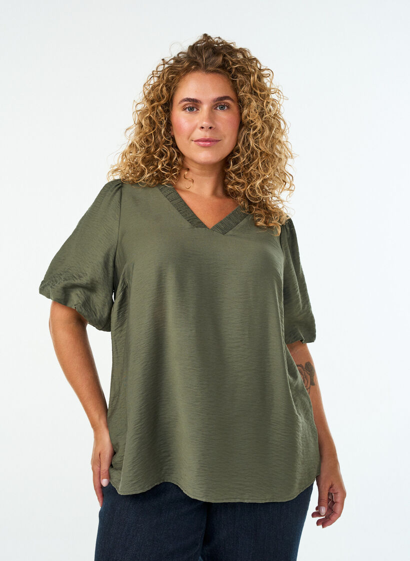 Blouse met ballonnenmouwen en V-hals, Groen, Model image number 0