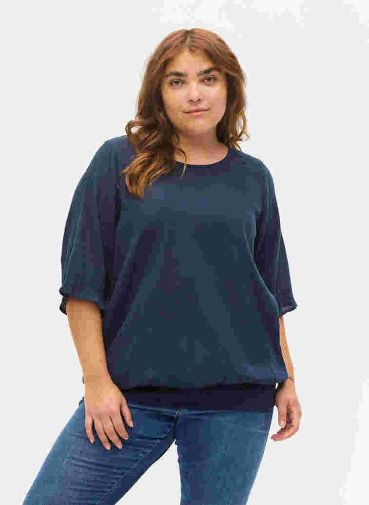 Katoenen blouse met smokwerk en korte mouwen, Navy Blazer, Model image number 0
