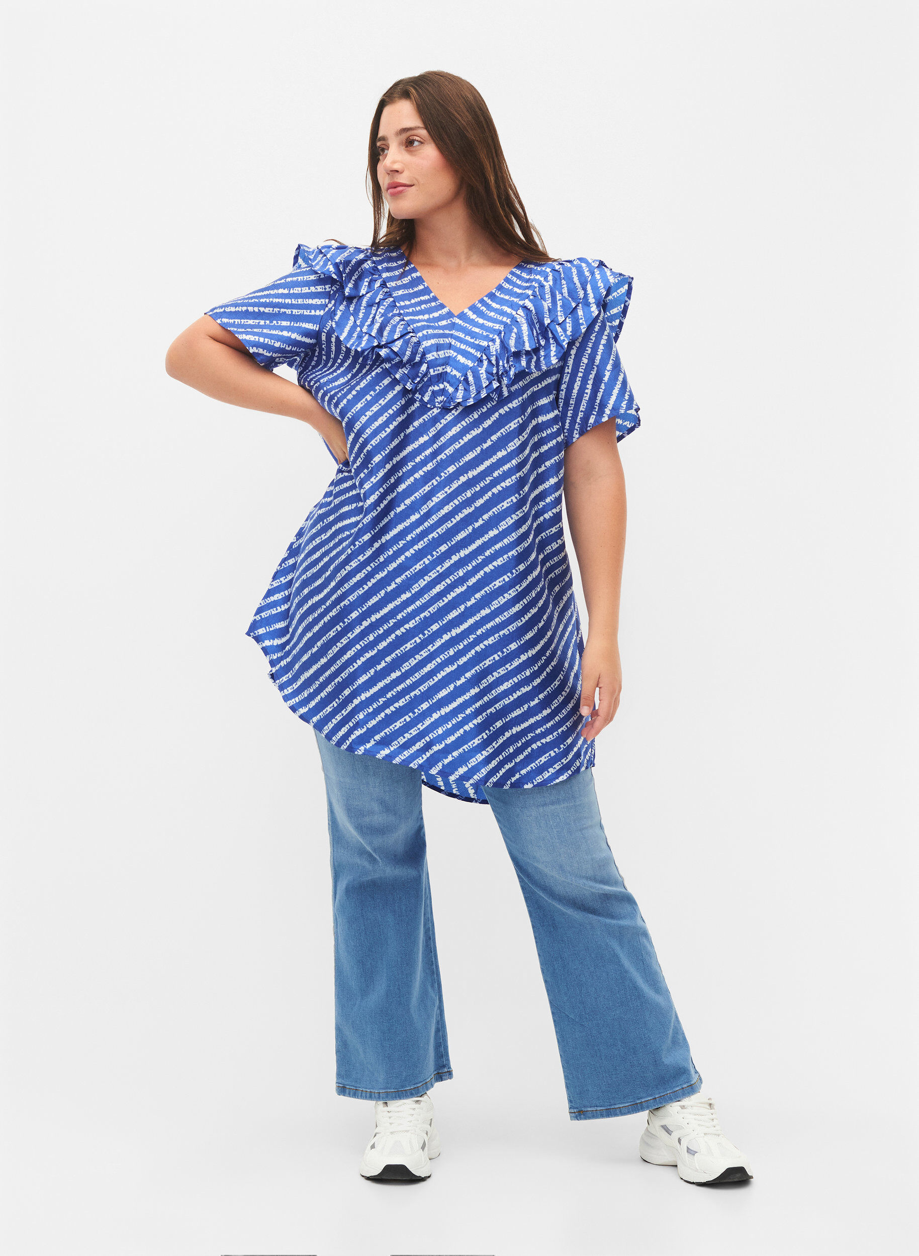 Zizzi Gestreepte tuniek met franjes, S.T.W./White Stripes, Model image number 2