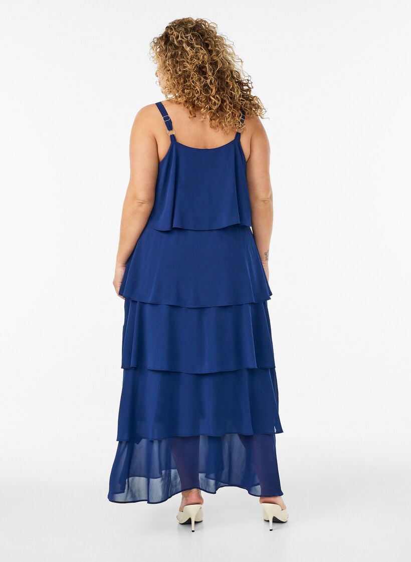 Maxi jurk met ruches en afneembare cape, Blauw, Model image number 1