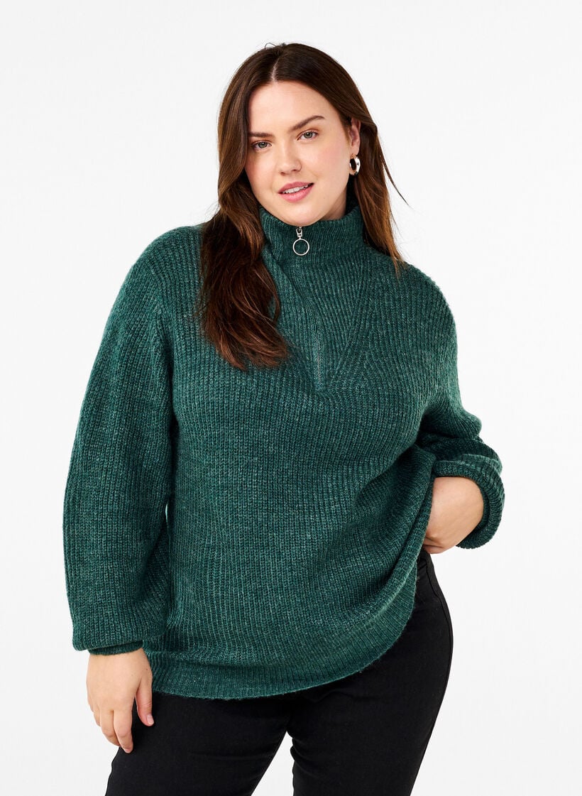 Gebreide trui met hoge hals en rits, Groen, Model image number 0