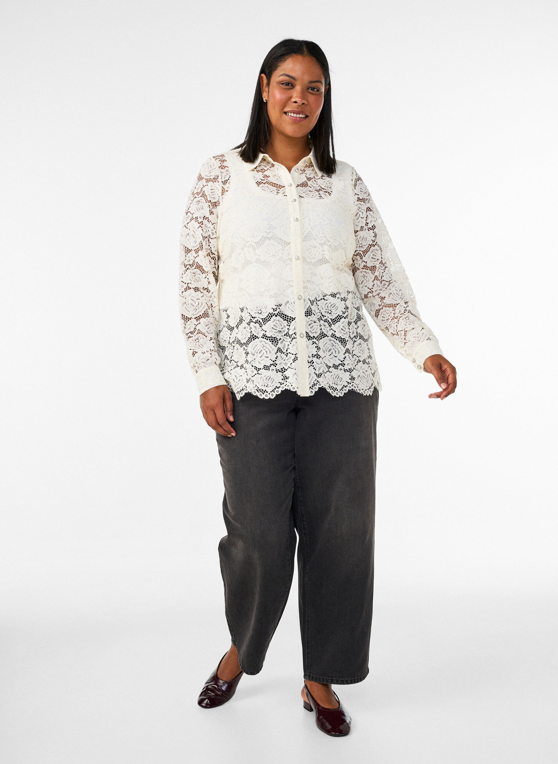 ZizziKanten shirt met parelknopen, Vanille, Model image number 1