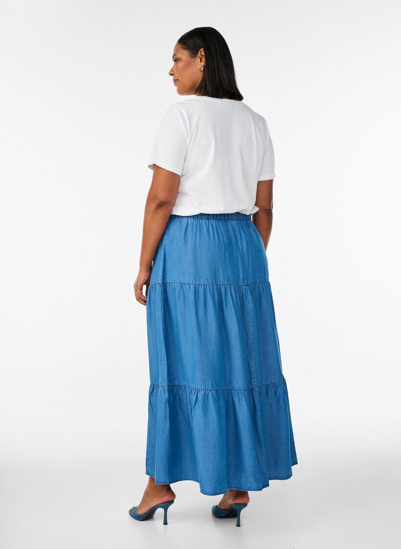 Denim maxi rok met ruches, Blauw, Model
