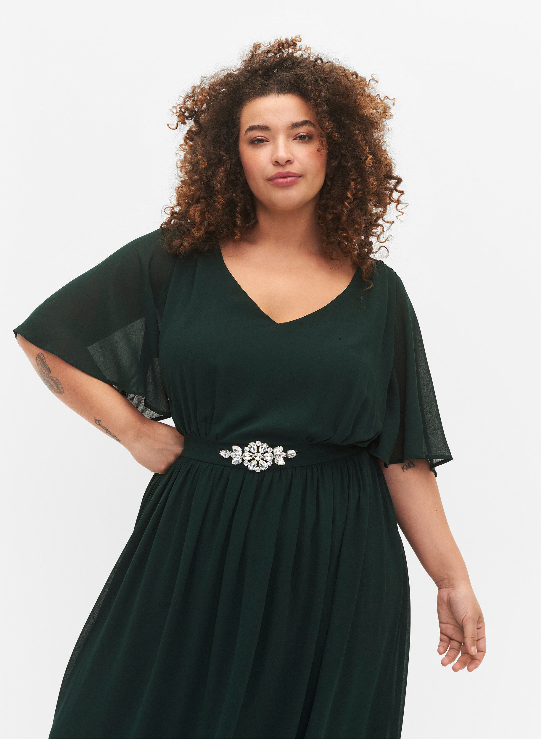 Zizzi Maxi jurk met drapering en korte mouwen, Scarab, Model image number 2