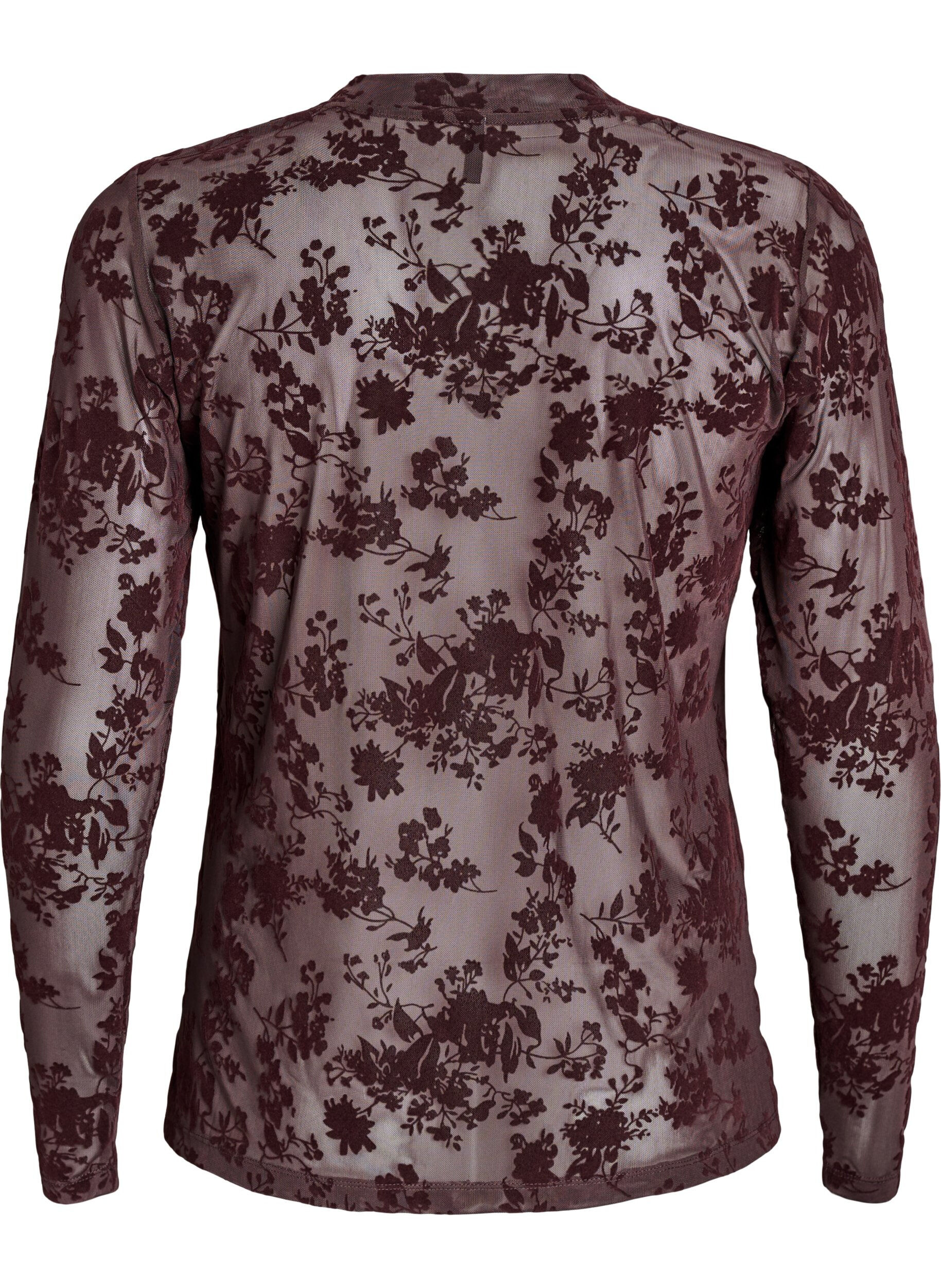 Zizzi Mesh blouse met bloemenpatroon, Bruin, Packshot image number 1