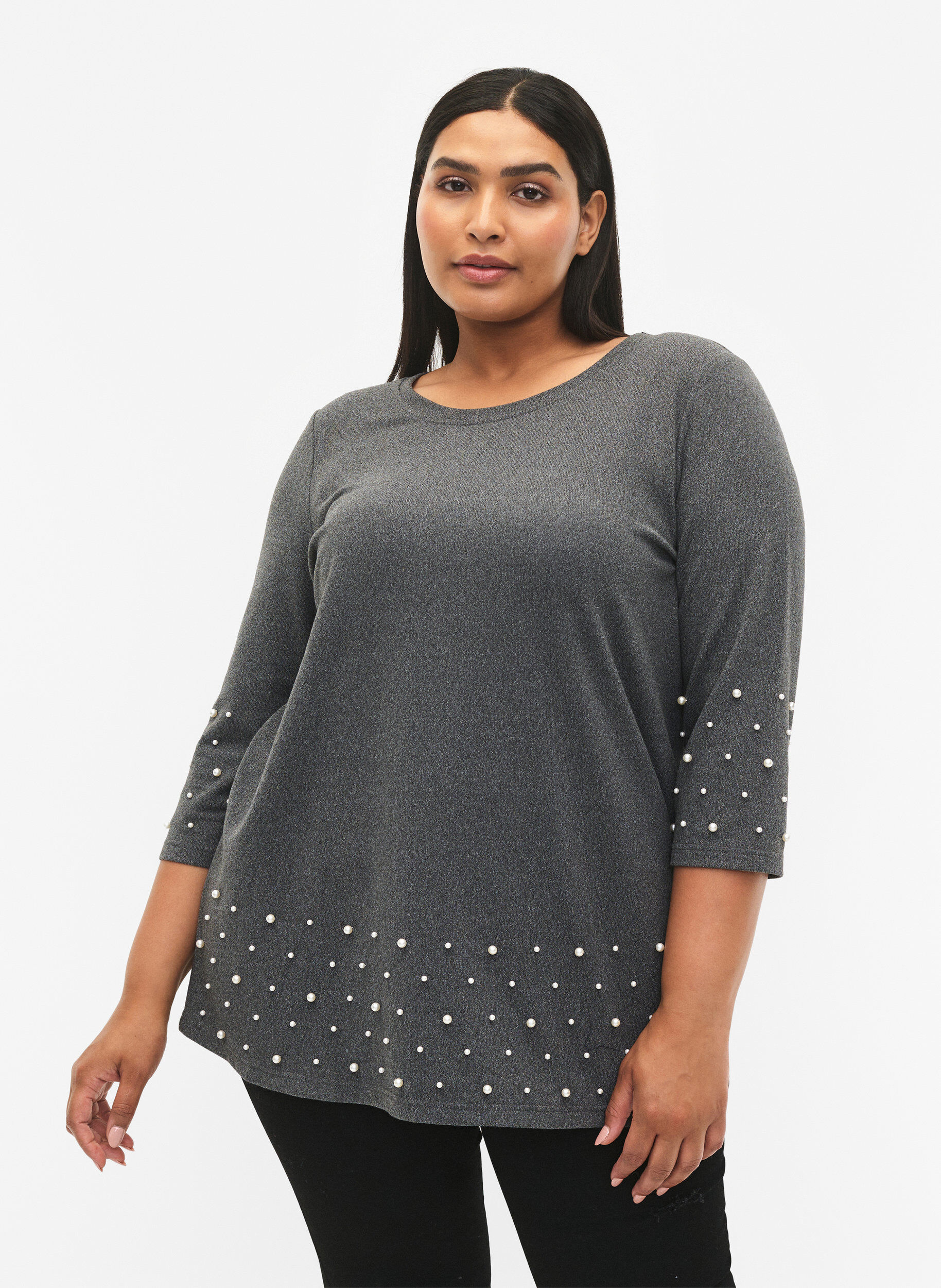 Zizzi Blouse met parels en 3/4 mouwen, Dark Grey Melange, Model image number 0