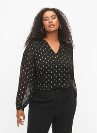 Bedrukte blouse met V-halslijn, Black w. Gold, Model