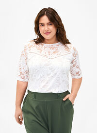Kanten blouse met korte mouwen, Bright White, Model
