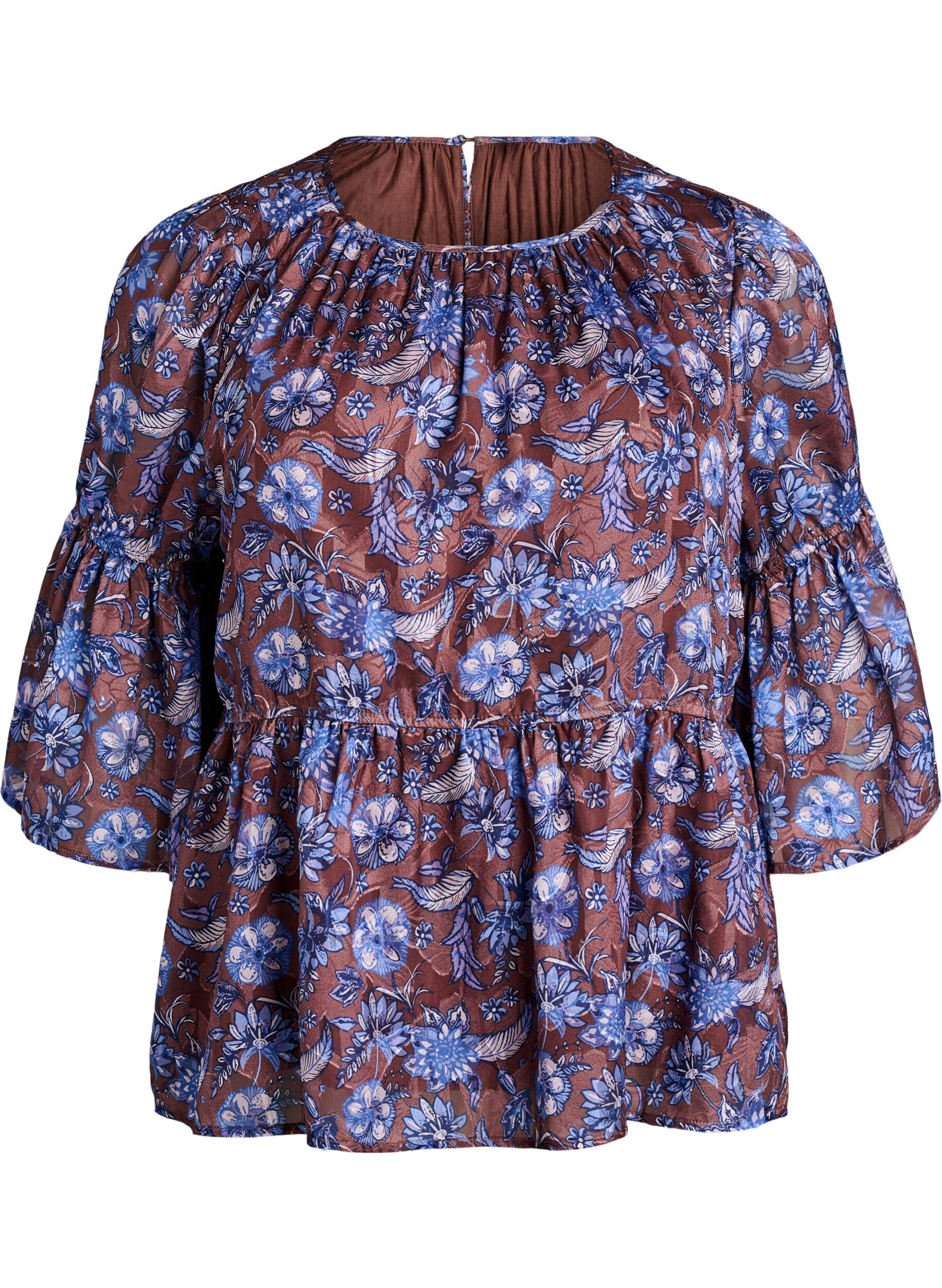 ZizziBlouse met bloemenprint en ruches aan de mouwen, Bruin, Packshot image number 0