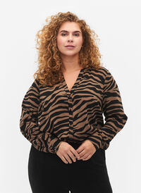Shirt met V-hals en zebraprint, Black/Brown Zebra, Model