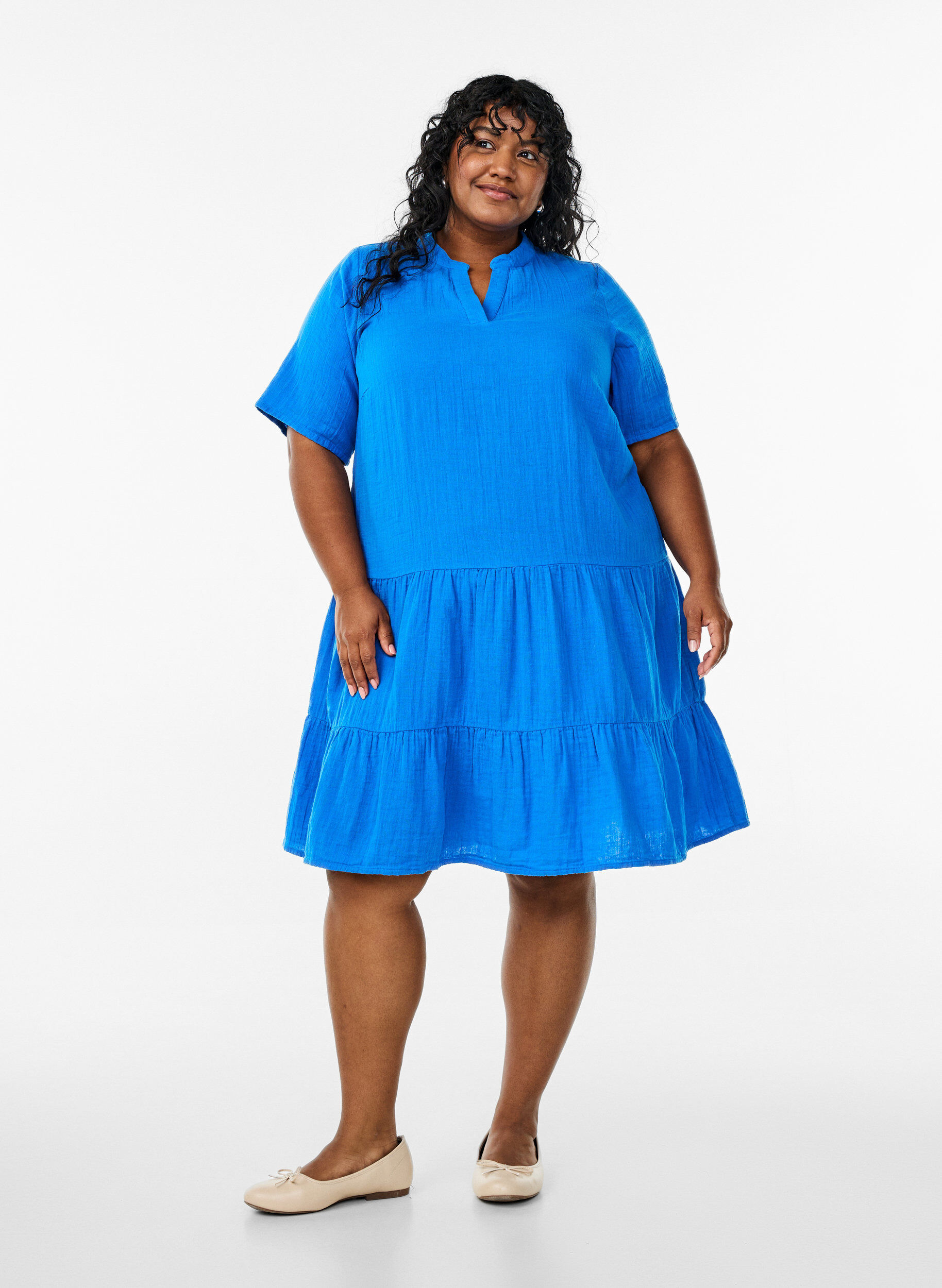 ZizziKorte A-lijn jurk in katoenen mousseline, Blauw, Model image number 1
