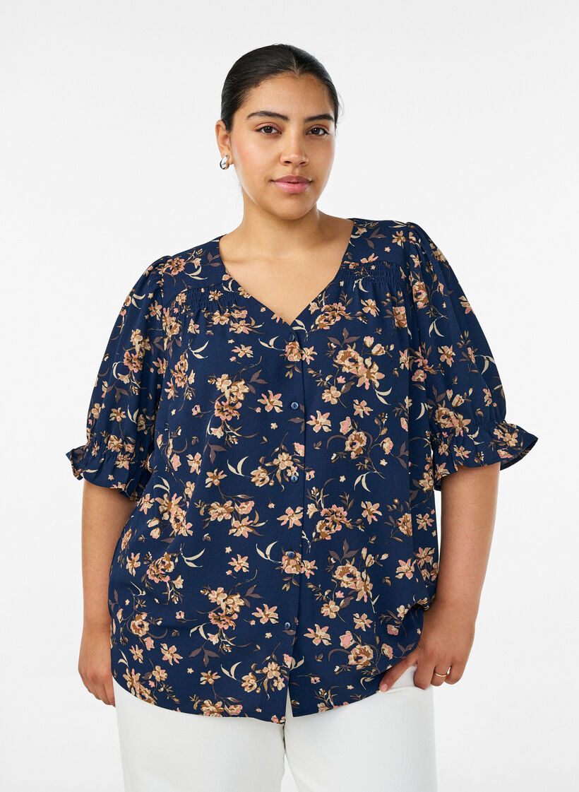 Shirtblouse met 1/2 mouwen, Blauw, Model image number 0