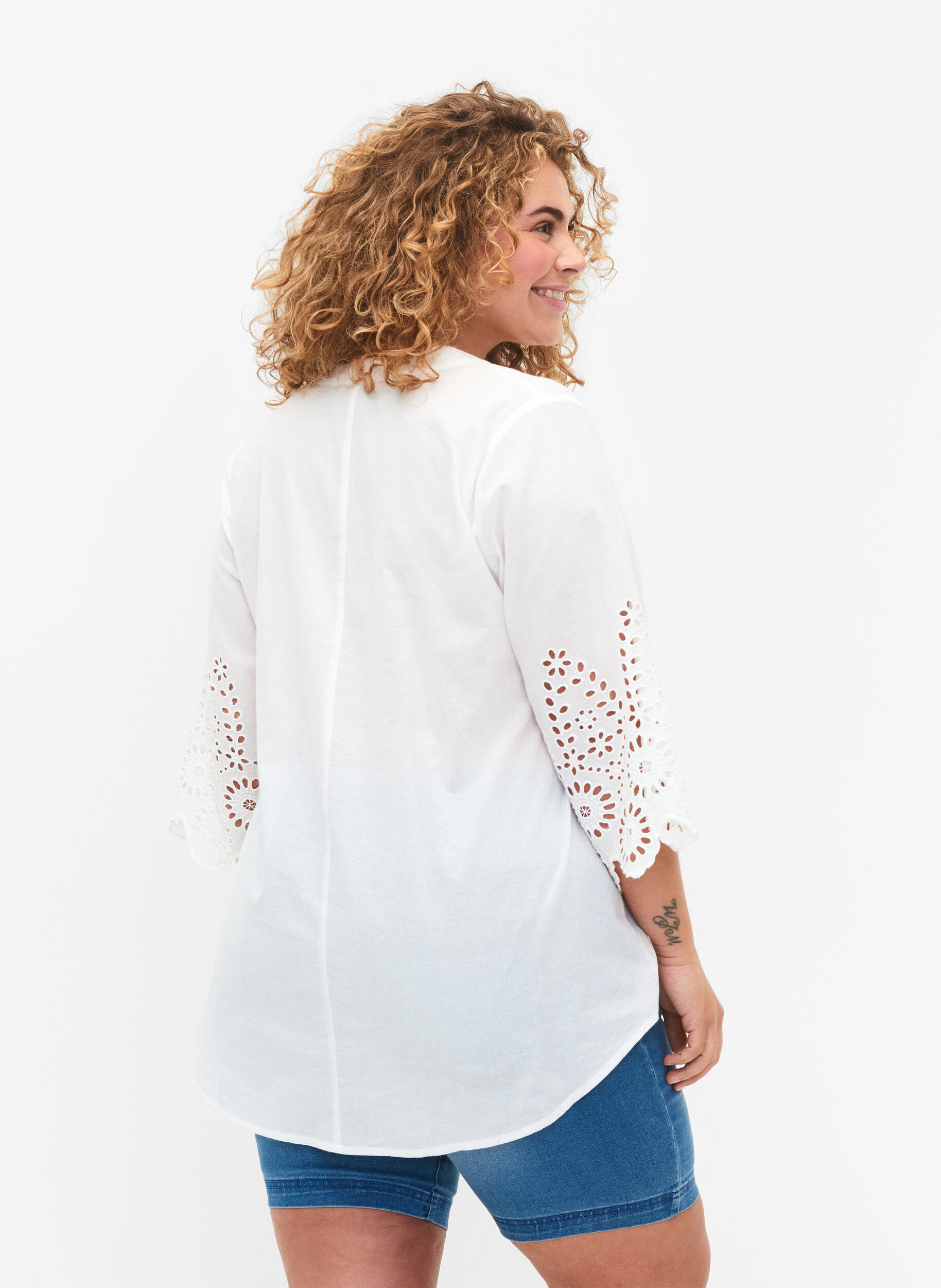Zizzi Overhemdblouse met broderie anglaise en 3/4 mouwen, Bright White, Model image number 1