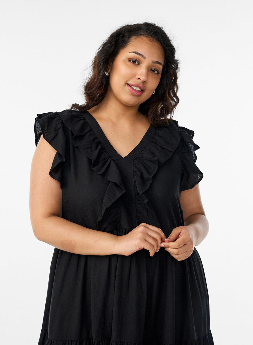Mouwloze midi jurk in linnen en viscose met ruches, Zwart, Model image number 2