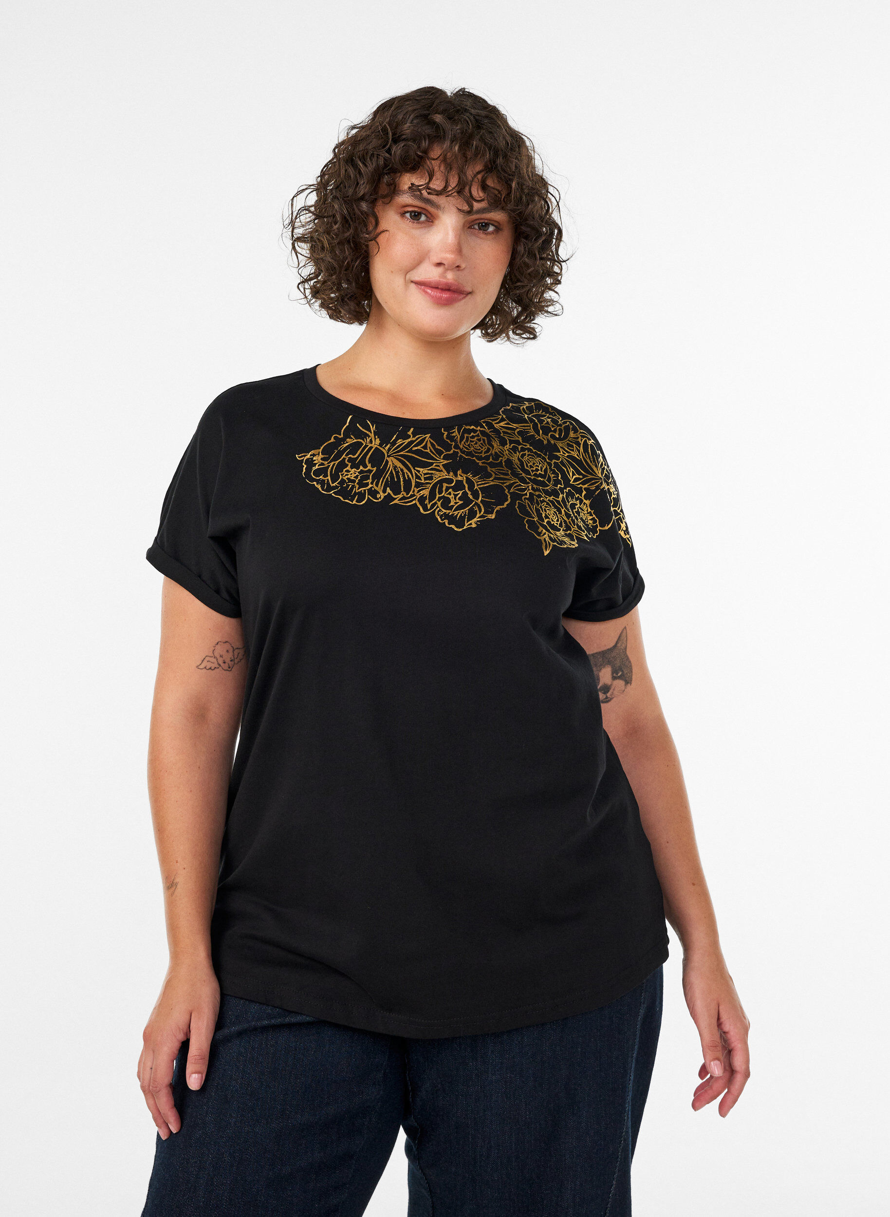 ZizziKatoenen T-shirt met bloemenprint, Zwart, Model image number 0
