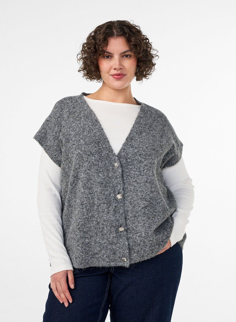 Gebreid gilet met V-hals en decoratieve knopen, Grijs, Model image number 0
