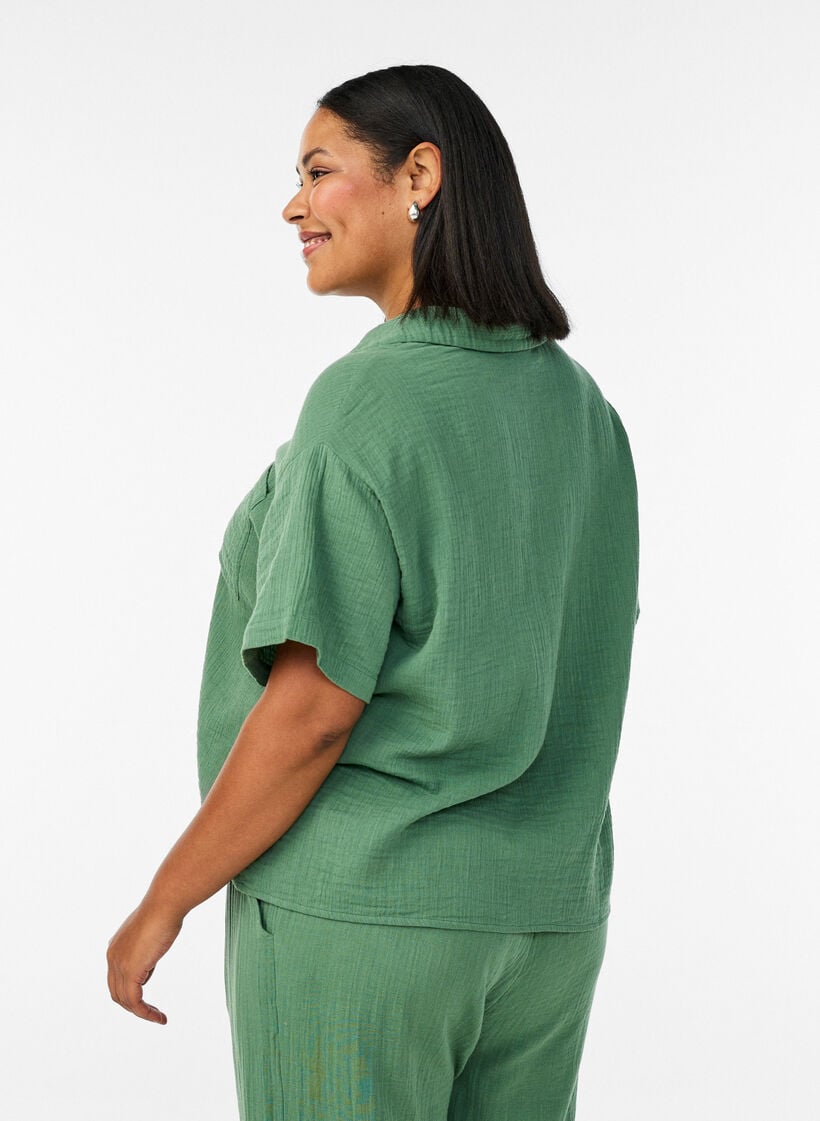 Katoenen mousseline blouse met korte mouwen, Groen, Model image number 2
